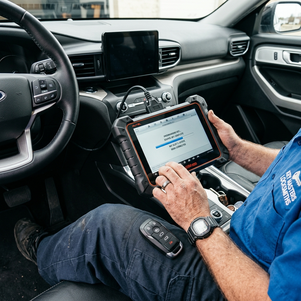 Automotive locksmith programming replacement smart key fob in Zebulon