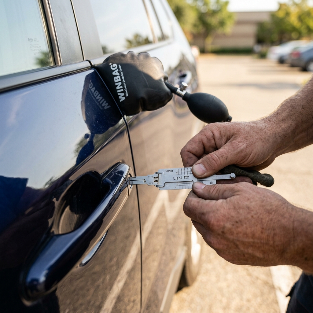 Mobile locksmith vehicle unlocking tool operating safely on car door
