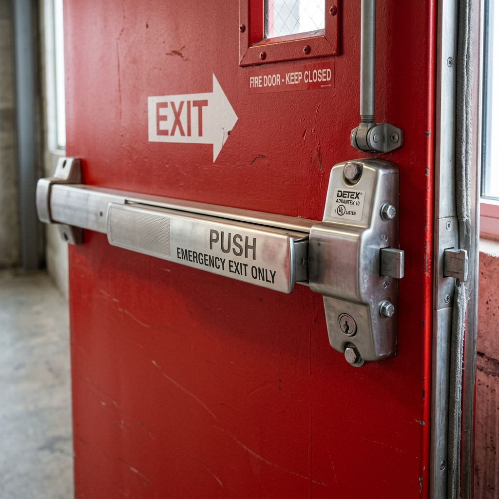 Locksmith installing heavy duty commercial exit panic bar on steel door in Zebulon