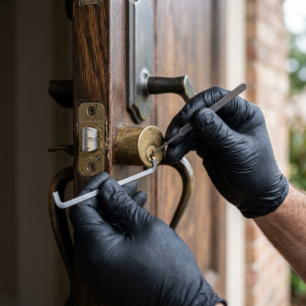 Emergency locksmith picking door lock to resolve house lockout in Fuquay-Varina