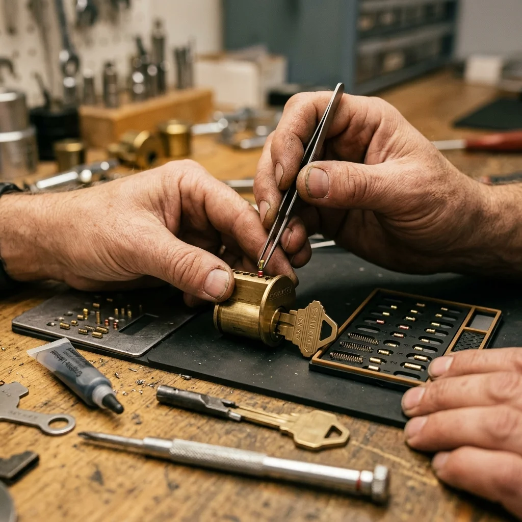 Locksmith technician rekeying residential deadbolt lock cylinder for an Apex home