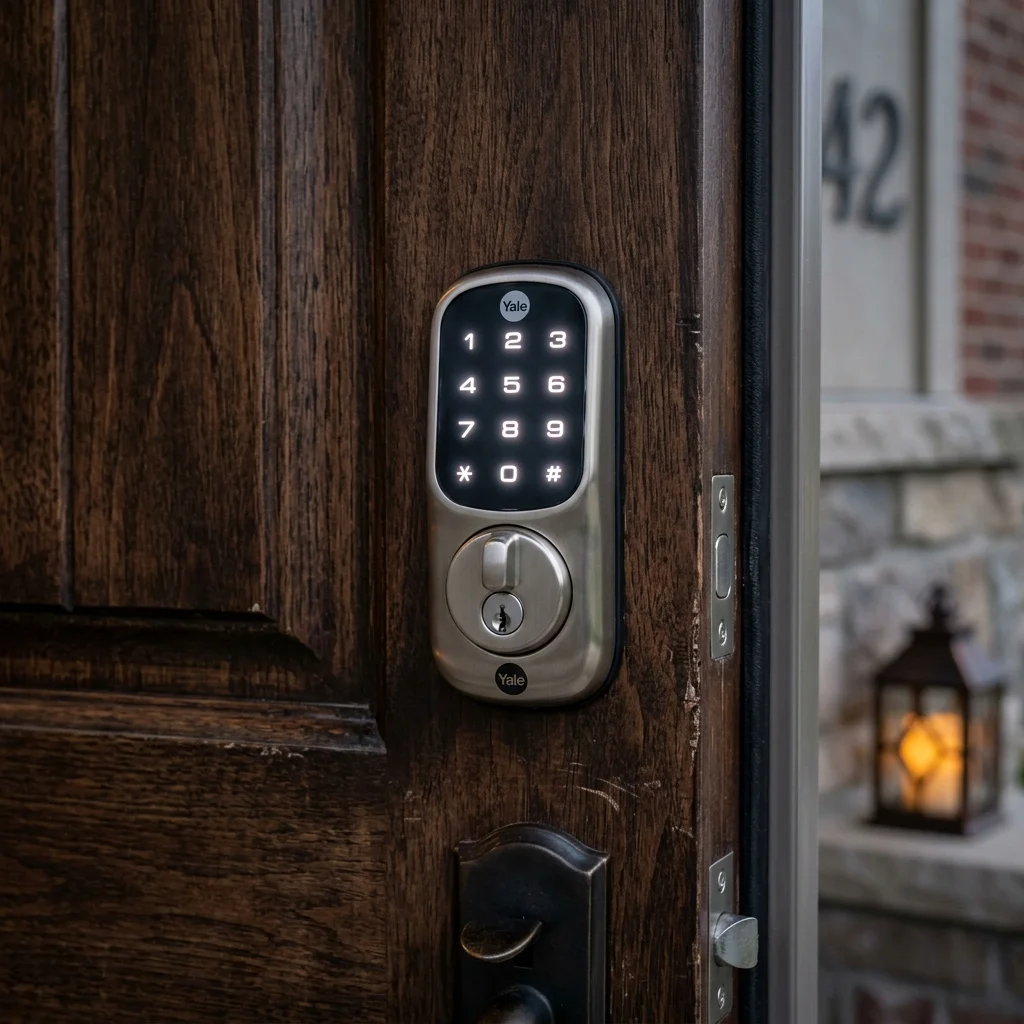 Locksmith installing keyless electronic smart lock on front entryway in Fuquay-Varina