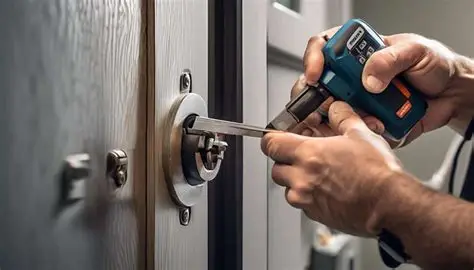 Locksmith technician using a precision extraction tool beside a door lock in Raleigh.