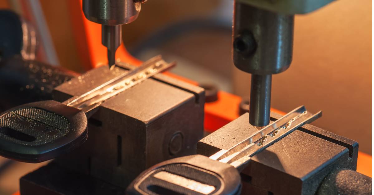 Close-up of a high-precision key-cutting machine creating a car key in a Raleigh locksmith shop.